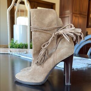 Joie Tan Heeled Boots with Fringe Detail